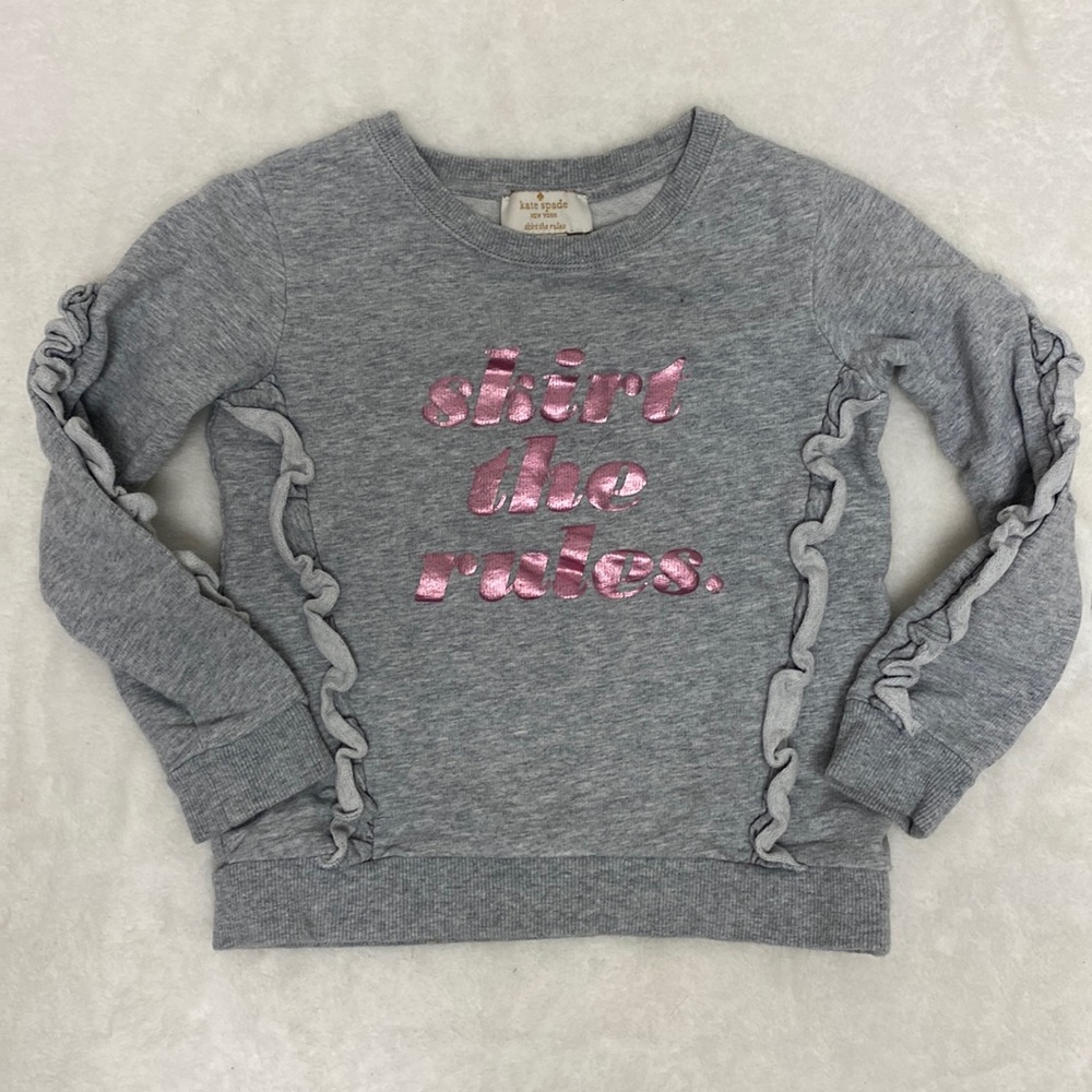 Kate Spade Crewneck Sweatshirt, “Skirt the Rules”, gray, ruffles. Size 5. GUC